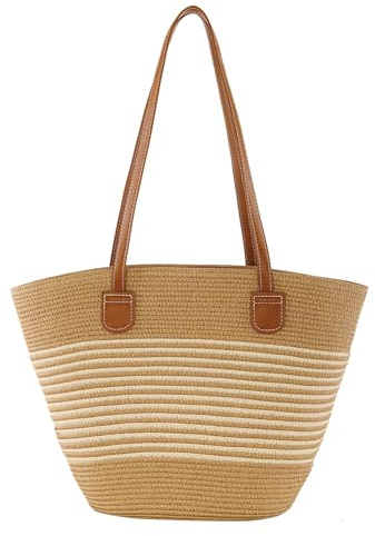 CHIC DIARY Straw bag Woven Tote Bag for Women Beach Purse Summer Shoulder Bag With Zipper Bohemian Crossbody Bag For Vacation(White stripes)