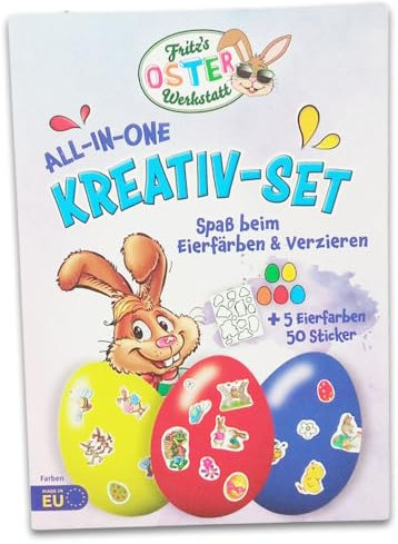 itenga Ostern Kreativ Set mit 5 Eierfarben und 50 Sticker Aufkleber - Komplettset zum Bemalen und Dekorieren von Ostereiern