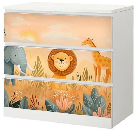 Möbelfolie Löwe passend für Ikea Malm Kommode 3 Schubladen Schrankfolie | Selbstklebende Schrankfolie für glatte Schubladenfronten Klebefolie Kinderzimmer Schlafzimmer DIY Upcycling 3 Schubladen
