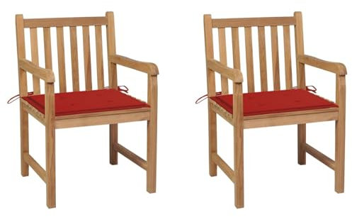 ZEYUAN Gartenstühle 2 STK. mit Roten Kissen, Gartenmöbel, Balkonstühle, Hochlehner, Balkonmöbel, Bistrostuhl, Garten Stühle, Sit Möbel, Armlehnenstuhl, Massivholz Teak