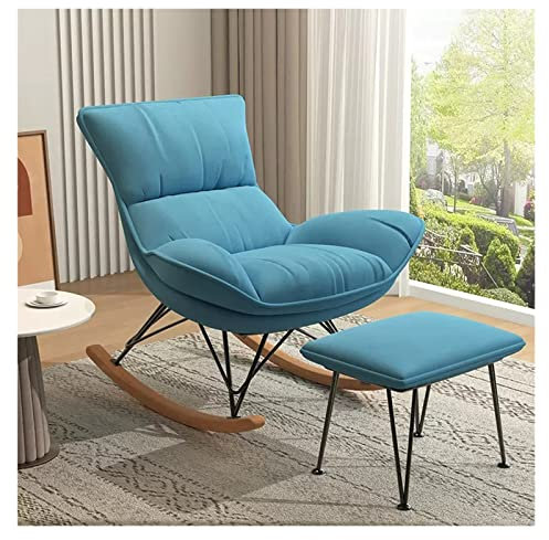 CUNTO Samt-Schaukelstuhl, Kinderzimmer-Gleiterstuhl mit Ottomane, gepolsterter Mid-Century-Stuhl, Schaukelsessel, Rocker-Akzentstuhl für Wohnzimmer mit Massivholzbasis (Farbe: Blau)
