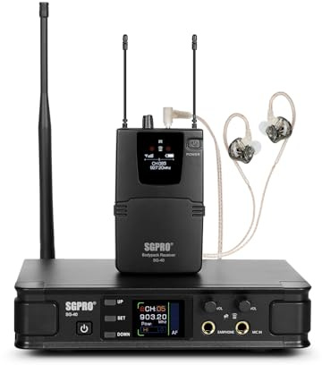 SGPRO SG-40NA Kabelloses In-Ear-Monitor-System | Metall-Sender, Bodypack-Empfänger und Hörgeräte, 85 Frequenzen, Reichweite 262 ft, Bands, Studio und Veranstaltungen