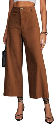 miduo Womens Pants Casual Button High Waisted Cropped Wide Leg Straight Pants Trousers with Pockets Brown 26