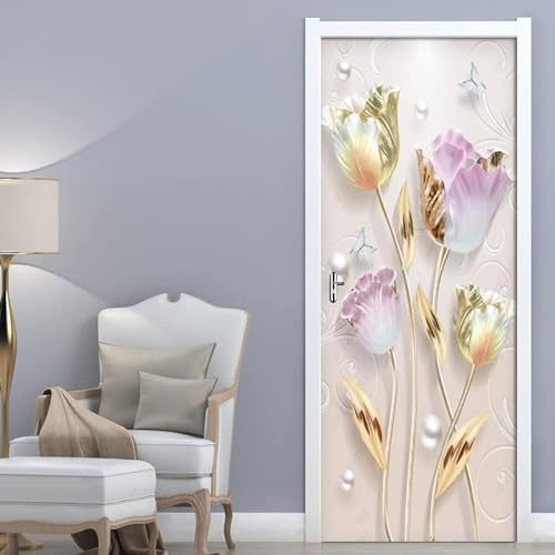 3D Art Door Wall Murals Stickers Self-Adhesive - Pansy Flower Art 90 X 210 Cm - Peel and Stick Vinyl Waterproof Door Decals Removable Door Wallpaper - Boys and Girls Room Door Photo 0