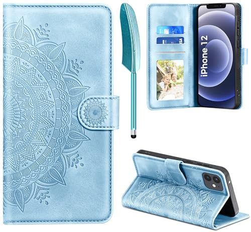 EASDNB Handyhülle für iPhone 12/12 Pro, Hülle für iPhone 12 Pro/iPhone 12 Lederhülle Flip PU Leder Tasche Case Kartenfach Magnet Ständer Klapphülle Schutzhülle für iPhone iPhone 12/12 Pro, Himmelblau