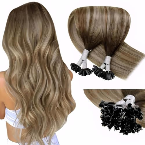 LaaVoo Extensions Echthaar Bondings Braun Ombre Echthaar Extensions Keratin Bonding Dunkelbraun Balayage Hellbraun und Blond U Tips Echthaar Extensions Invisible #3/8/24 1g/s 50g 45cm