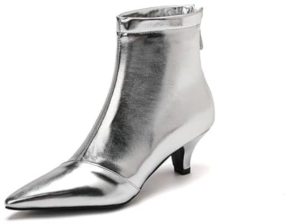 Botines de tacón bajo con Punta Puntiaguda para Mujer, Botines con tacón de Gatito, Botas de Vestir para Fiesta o Oficina, Botas cálidas para otoño e Invierno,Plata,39 EU