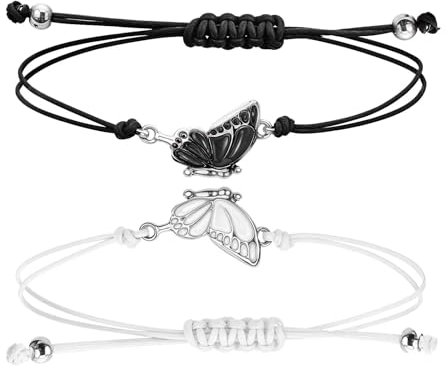Freundschaftsarmbänder,2 Stück Verstellbare Schmetterling Freundschaftsarmband,Mädchen Beste Freundin Armband,Einfaches Schmetterlingsarmband für Damen Freunde Matching Bracelets(Schwarz + Weiß)