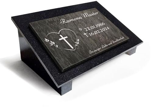 Generisch Grabplatte Grabstein Granit mit MARMOR+Unterplatte+Stützen+Gravur 40x30cm N02