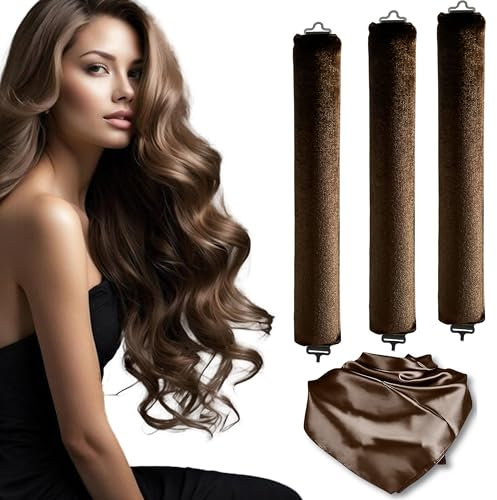 3 Stück Overnight Blowout mit 1 Haarband Rutschfest Lockenwickler über Nacht mit Haken Heatless Curls Band Set Locken Ohne Hitze Heatless Blowout Hitzefreie Lockenwickler für Alle Haartypen(Braun)