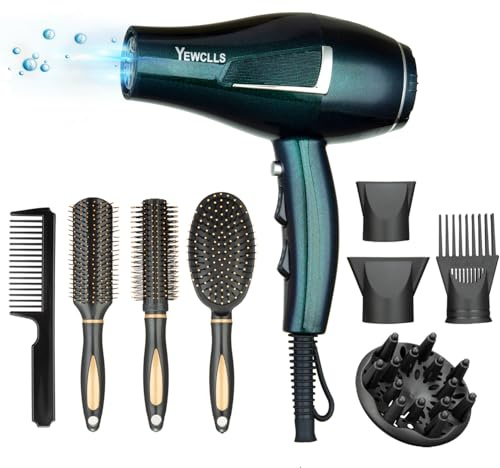 Sèche-cheveux ionique Salon de séchage rapide 2100W professionnel 2 concentrateur 4 peignes 1 diffuseur Salon familial Sèche-cheveux à friser avec bouton froid (Vert)