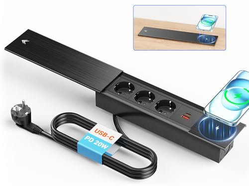 Einbau Steckdosenleiste mit USB C und 15W Kabellosem Laden, Einbau Tischsteckdose mit USB C PD 20W, 3 Fach Einbausteckdose mit USB und Deckel, 2M Kabel