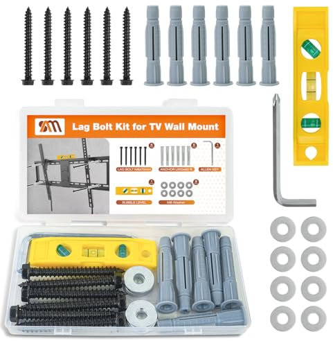 Lag Bolt Kit for TV Mounting Hardware - M8x70mm Lag Bolt and Washer for Wood Stud, Anchors for Concrete/Brick Wall, Includes Allen Key and Bubble Level for Easy Installation