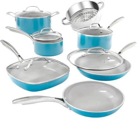 DYHWAC Utensilios de Cocina de cerámica antiadherentes de 12 Piezas, Incluye sartenes, ollas y cacerolas, Asas Stay Cool