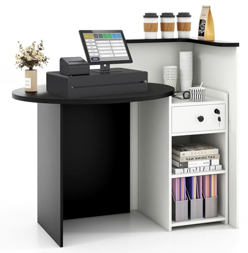 CASART Reception Desk, Retail Commercial Office Desk with 3-Position Adjustable Shelf & Lockable Drawer, Cashier Counter Workstation for Salon Clothing Store Restaurant (White+Black Tabletop)
