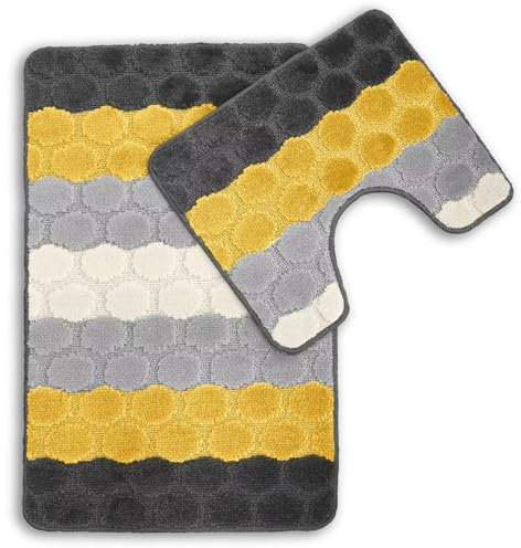 Sue Rossi 2pc Bath Mat Set Non Slip, Bath & Pedestal Mats, Hex Stripe Design For Bathroom Toilet, 2 Piece, Soft, Absorbent And Slip Resistant (Yellow)