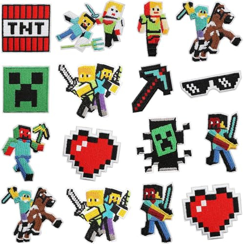 16 Stück Miner Aufnäher zum Aufbügeln, Pixel Spiel Bestickt Reparaturflicken, Flicken zum Aufbügeln für Videospiele, Bügelbilder für Gamer, Kinder Aufnäher für Kleidung Rucksack Mütze