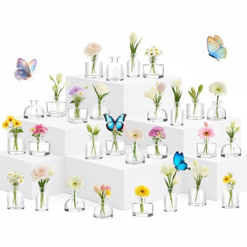 Orifesio Kleine Vasen für Tischdeko, 28 Stück Kleine Blumenvasen Glas Tischdeko, Klar Mini Vasen Modern Dekoration, Vintage Glasvasen Set für Hochzeit Party Geburtstag Home Wohnzimmer Tisch Deko
