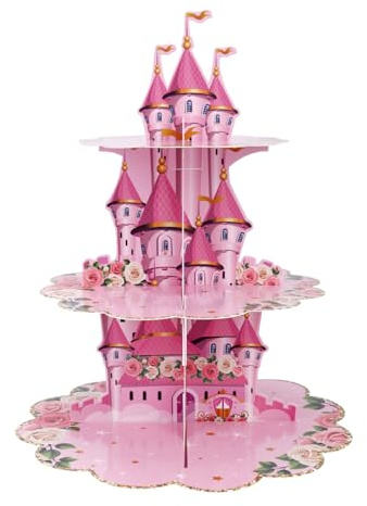 SAVITA Soporte para Cupcakes de Princesa, Soporte Cartón 3 Niveles Tartas Torre Cupcakes Princesa con Castillo Colorido para Fiestas Cumpleaños Infantiles Exhibición de Postres