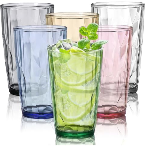 LEKEFETO 6 st. dricksglas set färgglada: 500 ml vintage vattenglas set av akryl, juiceglas dryckesglas köksglas, återanvändbara akrylkoppar, okrossbara och hållbara plastmuggar
