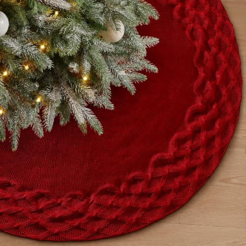 Christmas Tree Skirt 36 Inch Large Red Xmas Knitted Tree Base Cover Mat | Rustic Thick Knitted Tree Skirt, with 3D Woven Plaid Pattern Floor Mat, Christmas Tree Decorations for Xmas Holiday Party