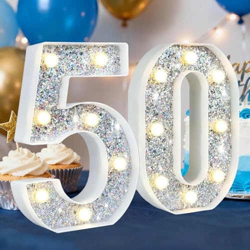 HEYCOLOR LED Zahlen Lampe Nummer Beleuchtete Ziffern 50, Warmweiß Silberne Led Leuchtzahlen, Als beleuchtetes Geschenk für Mädchen Geburtstagsdekorationen Party deko Abschlussfeier Hochzeit Muttertag