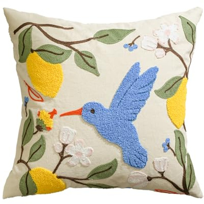Artoid Mode Housse de coussin brodée au printemps, motif feuilles, citron, fleurs, oiseau, 45 x 45 cm, saisonnière pour canapé, salon
