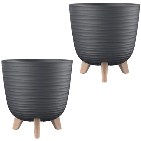 Engelland - 2 x Blumentopf mit Füßen & Bewässerungssystem, Anthrazit, Ø 20 cm, Pflanzkübel, Übertopf, Wellenmuster, Innen- & Außenbereich, Drainagesystem & Wasserspeicher, rund, Kunststoff