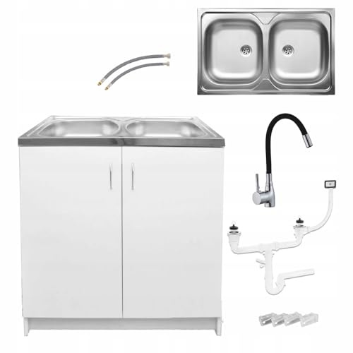 Stamar Möbel Spüle mit Unterschrank 80 cm Weiß Küchenspüle 2-Kammer & Edelstahl-Spülbecken kompakter Spülenunterschrank für Küche, Standschrank 49 cm Tiefe Siphon Montagefertig