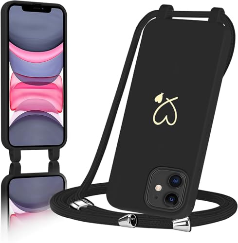 AoozeFon für iPhone 11 Hülle mit Band, Handyhülle iPhone 11 mit Kordel zum Herz, Schutzhülle Handyband mit Umhängen Abnehmbare Weich TPU Liquid Silikon Bumper，Schwarz