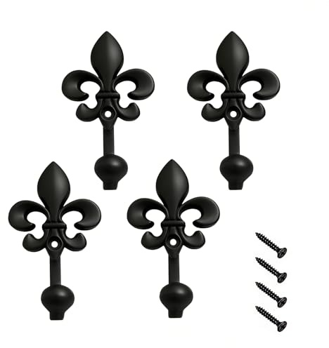 Qaixwuyi Schwarz Wandhaken Vintage Metall Fleur-de-Lis Design Vorhang Raffhalter mit Schrauben Dekorative Garderobenhaken für Wohnzimmer Bad Schrank