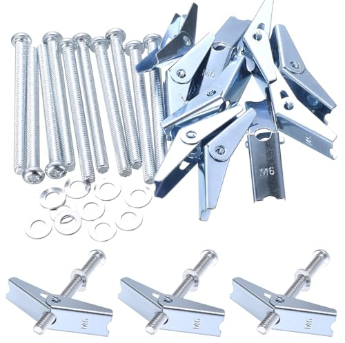 qxayxa 10 uds tacos basculantes M6×75 con tornillo y tuerca, para pladur | Perno basculante M6×75 con tuerca mariposa; para placa de yeso/pladur; gran sujeción en estantes/lámparas; montaje fácil.