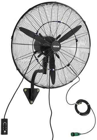 VEVOR Ventilador de Pared con 3 Velocidades, Nebulización, Motor de Cobre, IP44, Ángulo Ajustable, Ventilador Industrial Oscilante de Acero al Carbono para Exterior, Taller, Invernadero, Ganadería