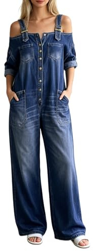 Kluantou Mono vaquero para mujer, de manga larga, sin hombros, de mezclilla, de verano, con piernas anchas, vintage, desgastado, con bolsillos, estilo largo, mono de playa, pantalón de mezclilla