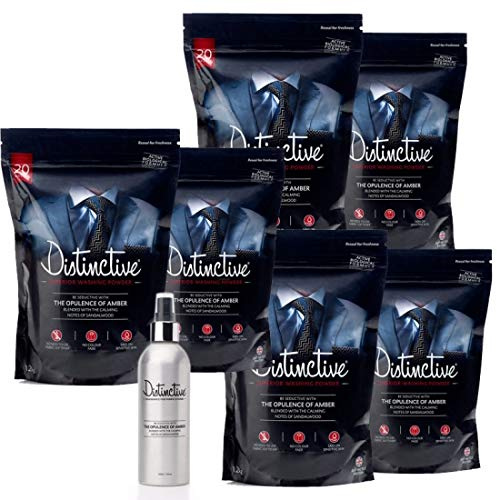 Distinctive Washing Powder – Opulence of Amber & Sandalwood Scent, Biological Laundry Detergent Powder, Colour-Safe, Made in the UK, (6 Pack) 120–240 Loads + Matching 200ml Fabric Fragrance