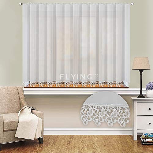 FKL Schöne Gardine aus Voile mit Kräuselband gardinen Wohnzimmer Weiss kurz Fenster küche Gipüre Gardinen mit Kräuselband Modern Weiß LB-20 (150 x 400 cm)