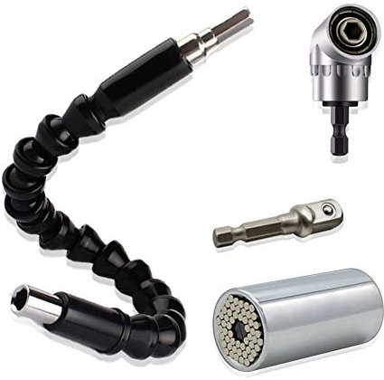 CNYMANY Set mit 3 Universal-Steckschlüsseln, 7–19 mm Griffadapter, 105-Grad-Schraubendreher, rechtwinklige Verlängerung, Bohraufsatz, 1/4-Zoll-Sechskantschaft, 30 cm flexibler Verlängerungs-Bit,