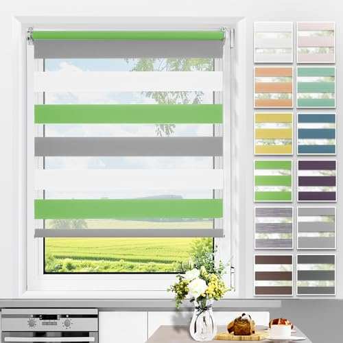 Allesin Doppelrollo Klemmfix ohne Bohren & mit Bohren, Duo Rollos für Fenster und Tür, Fensterrollo lichtdurchlässig, Sichtschutz und Sonnenschutz, 35x120cm (BxH), Grün-Grau-Weiß