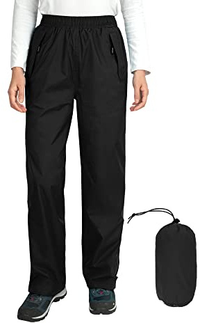 Outdoor Ventures Women's Rain Pants Packable Waterproof Hiking Pants Windproof Breathable Outdoor Rain Over Pants Black