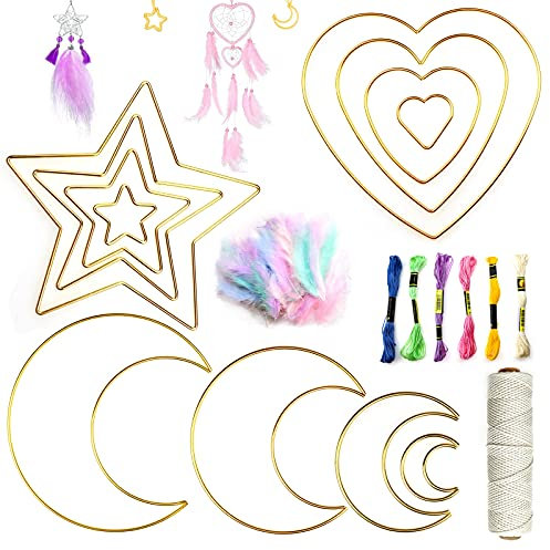 XSHAO 69 Stück Traumfänger Bastelset, mit Metall Traumfänger Kreis, Makramee Seil, Buntem Geflochtenem Faden und Federn für DIY Handwerk Traumfänger Stricken