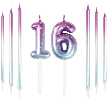 Mciskin 16th Birthday Number Kerzen Dekorationen Bunte 16 Kerze mit Rosa Lila Lange Kerzen Kuchen Kerzen Kuchen Topper Dekorationen für Jungen Mädchen Männer Frauen Geburtstagsfeier Hochzeit Jubiläum