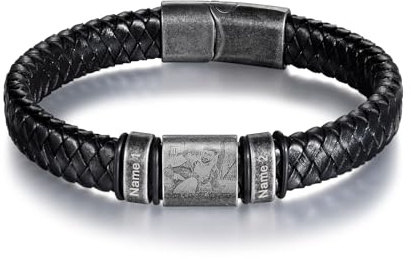 Personalisiertes Bild Herren Armband mit Kindernamen Benutzerdefinierte Gravur Foto 2-5 Namen Leder Armbänder für Männer Retro Armband Geburtstag Weihnachten Geschenk für Großvater Vater Papa Freund