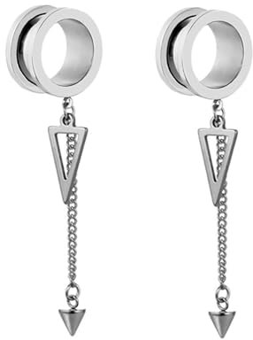 KnBoB 2 Stück Tunnel Ohr Männer 25MM Edelstahl Silber Rund mit Kette und Dreieck Anhänger Flesh Tunnel Piercing Damen