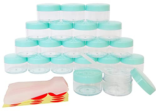 Wopanxye 20 Stück Döschen, 15g 15ml Leer Transparent Klein Kunststoff Cremedose - für Kosmetikdose, Lippenbalsam Döschen, Crème, Salben, Pulver, Nailart, Mit Grün Schraubdeckel, 20 Stück Mini Spatel