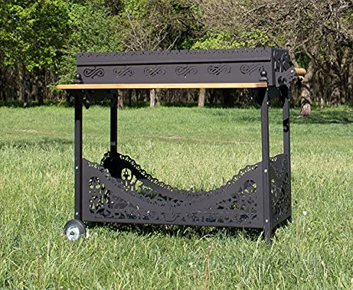 Grill, Mangal, BBQ Armada 2, Gartengrill, Grill mit 4 mm Stahl. Holzregal, Holzfach, bis zu 20 Schaschlik-Spieße, mit Räder, Picknick grill, Camping