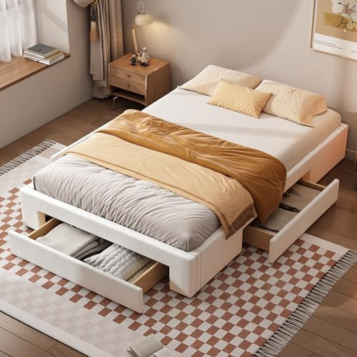 Letto Matrimoniale 140x200 Con Contenitore, Una Piazza e Mezza, Struttura Bassa, Tre Vani Contenitori, Senza Testiera, Colore Beige