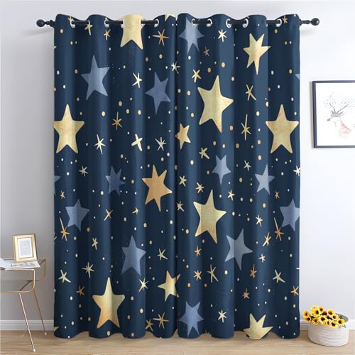 SZLYZM Cartoon Sterne Vorhänge, Verdunklungsvorhänge mit Muster Marineblau, Vorhang Blickdicht mit Ösen, Gardinen für Wohnzimmer Schlafzimmer Deko 2er Set - 175x140 (H X B)