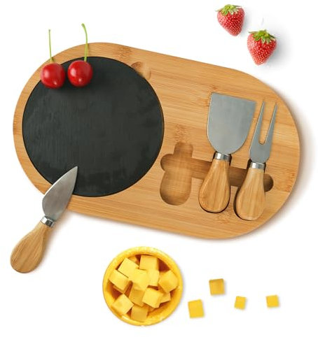 Käsebrett Holz Käseplatten Käsebretter Servierbrett Charcuterie Platte Cheese Board mit 3 Käsemesser, Schieferplatte für Weincracker, Brie und Fleisch, Bambusheber, Einzugsgeschenk