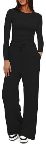 KOEMCY Zweiteiler Damen 2 Stück Tracksuit Langarm Rundhalsausschnitt Jogginganzug Sweatshirt und Weites Bein Hose mit Taschen Elegant Freizeitanzug Sportanzug