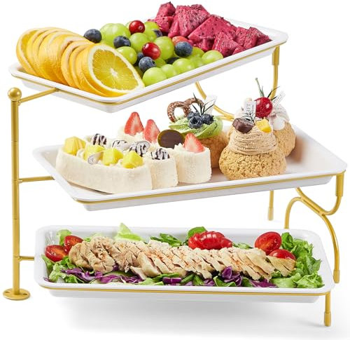 Lifewit Bandejas 3 Pisos de Plástico para Servir Comida, Bandeja Decorativas para el Entretenimiento de la Fiesta, 30×17cm Tazón de Frutas en Bandeja para Verduras, Frutas, Galletas, Postres, Dorado